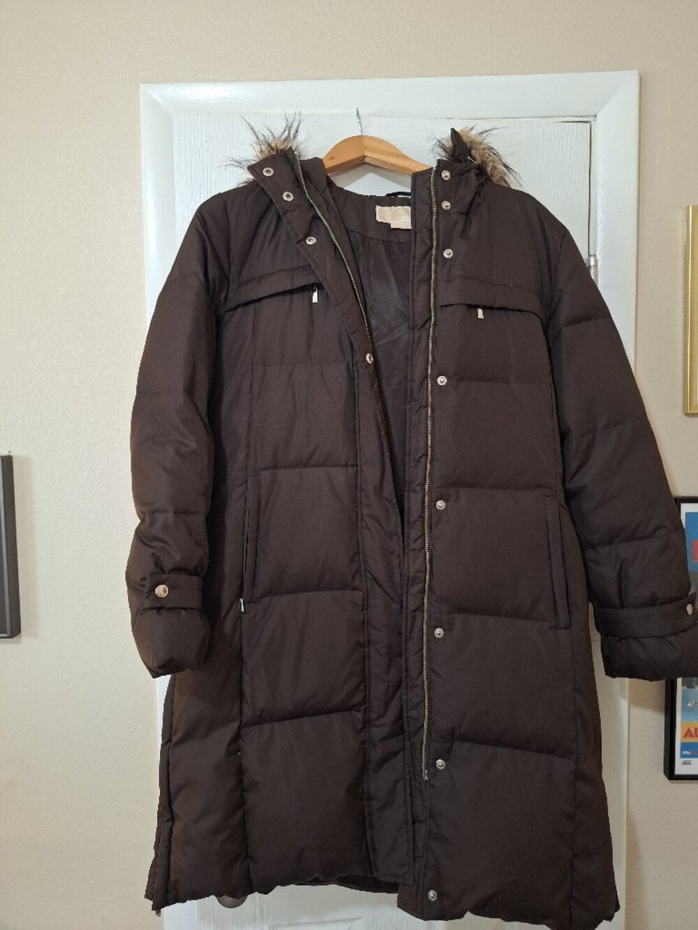 Michael Kors Women's Faux-Fur-Trim Hooded Brown Puffer Coat Long Coat Size L